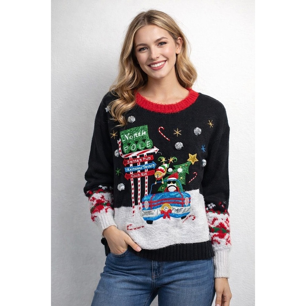 Holiday Time Santa's Pub Reindeer Tavern Ugly Christmas Party Sweater Unisex S
